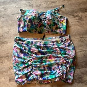 Torrid size 4 two piece swimsuit blue pink white green watercolor